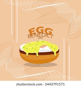 National Eggs Benedict Day event banner. Typical American lunch topped with boiled eggs, bacon and hollandaise sauce on a light brown background to celebrate on April 16th