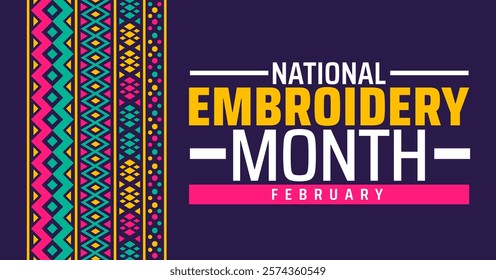 National Embroidery Month background banner or poster design template. observed every year in February. Holiday concept. Use to any Template, card, poster, placard, template.