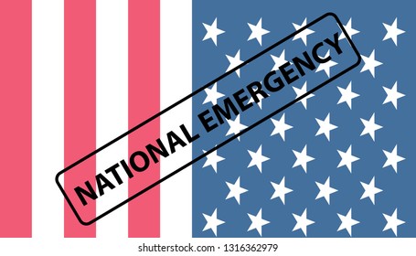 National Emergencies in the United States. Black rubber stamp over US flag