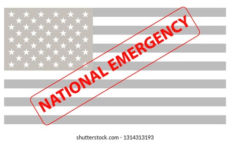 National Emergencies in the United States. Red rubber stamp over a black and white US flag