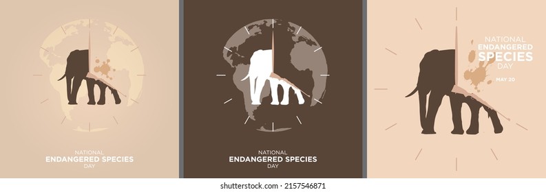 National Endangered Species Day Banner concept, clock is ticking, vector illustration of elephant inside a clock isolated on light green background. May 20. For backgrounds, posters, cards, designs.