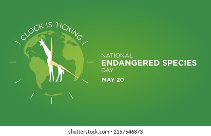 National Endangered Species Day Banner concept, clock is ticking, vector illustration of giraffe inside a clock isolated on green background. May 20. For backgrounds, posters, cards, designs.
