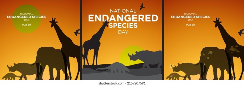 National gefährdete Arten Day Concept Collection. Tierische Silhouetten auf Sonnenuntergang Hintergrund. Giraffe, Rhino, Pangolin, Elefant, Vogel. Illegale Jagd. Erhaltung. Feiert am 20. Mai. Bearbeitbar.