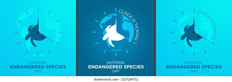 National gefährdete Arten Day Concept Collection. Hunchback Schildkröte Silhouette auf blauem Meer Wasser und Erde Hintergrund. Die Uhr tickt. 20. Mai. Erhaltung gefährdeter Tiere.