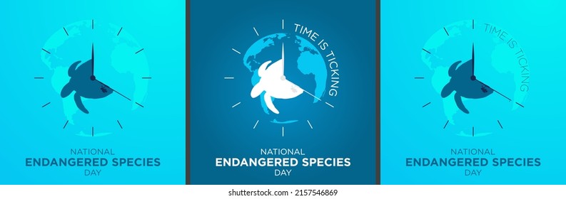 National Endangered Species Day Concept Collection. Hunchback Turtle Silhouette On Ocean Water And Earth Background. Time Is Ticking. May 20.