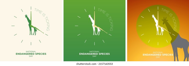 National Endangered Species Day Set. Green, White Silhouette Of Giraffe Inside Clock, Time Is Ticking Concept, Vector. Campaign Against Illegal Hunting, Illegal Poaching. Celebrated On May 20. Safari