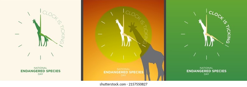 National Endangered Species Day Set. Green, white silhouette of giraffe inside clock, time is ticking concept, vector. Campaign against Illegal hunting, illegal poaching. Celebrated on May 20. Safari
