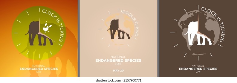 National Endangered Species Day Set. Green, white silhouette of elephan inside clock, time is ticking concept, vector. Campaign against Illegal hunting, illegal poaching. Celebrated on May 20. Safari
