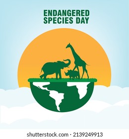 National Endangered Species Day vector with white silhouettes of elephant, giraffe and rhino icon vectors. Set of wild animal silhouettes. Simple and elegant design