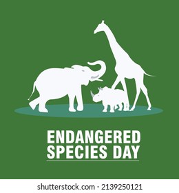 National Endangered Species Day vector with white silhouettes of elephant, giraffe and rhino icon vectors. Set of wild animal silhouettes. Simple and elegant design