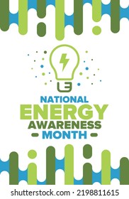 National Energy Awareness Month in October. Optimization and management of energy consumption. The introduction of advanced technology, encourage the use of renewable energy. Energy security. Vector