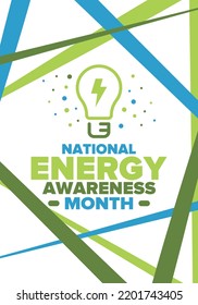 National Energy Awareness Month in October. Optimization and management of energy consumption. The introduction of advanced technology, encourage the use of renewable energy. Energy security. Vector