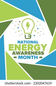 National Energy Awareness Month in October. Optimization and management of energy consumption. The introduction of advanced technology, encourage the use of renewable energy. Energy security. Vector