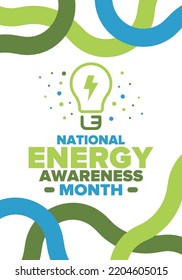 National Energy Awareness Month in October. Optimization and management of energy consumption. The introduction of advanced technology, encourage the use of renewable energy. Energy security. Vector
