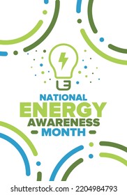 National Energy Awareness Month in October. Optimization and management of energy consumption. The introduction of advanced technology, encourage the use of renewable energy. Energy security. Vector