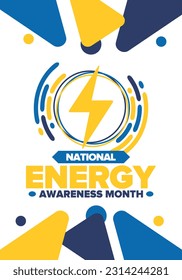 National Energy Awareness Month in October. Optimization and management of energy consumption. The introduction of advanced technology, encourage the use of renewable energy. Energy security. Vector