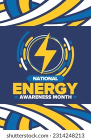 National Energy Awareness Month in October. Optimization and management of energy consumption. The introduction of advanced technology, encourage the use of renewable energy. Energy security. Vector