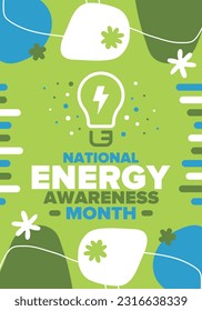 National Energy Awareness Month in October. Optimization and management of energy consumption. The introduction of advanced technology, encourage the use of renewable energy. Energy security. Vector