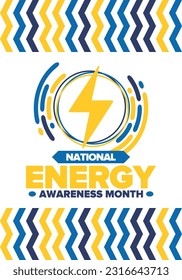 National Energy Awareness Month in October. Optimization and management of energy consumption. The introduction of advanced technology, encourage the use of renewable energy. Energy security. Vector