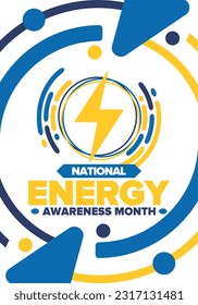 National Energy Awareness Month in October. Optimization and management of energy consumption. The introduction of advanced technology, encourage the use of renewable energy. Energy security. Vector