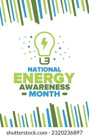 National Energy Awareness Month in October. Optimization and management of energy consumption. The introduction of advanced technology, encourage the use of renewable energy. Energy security. Vector