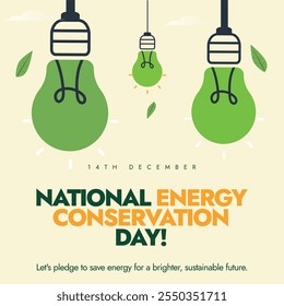 National Energy Conservation Day. 14 December Energy conservation day celebration banner with hanging bulb in green colours. The day highlight the importance of saving energy, and its impact on earth