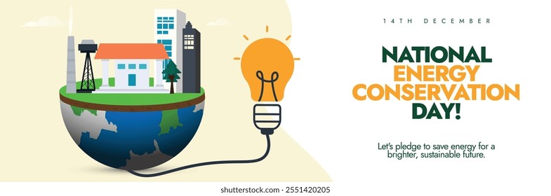 National Energy Conservation Day. 14th December Energy Conservation day celebration cover banner with earth globe, bulb, buildings, towers, houses. The day highlight the importance of saving energy