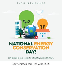 Anuncio conceptual del Día Nacional de la Conservación de la Energía, post. 14 de diciembre celebración del día de la conservación de la energía Anuncio con globo terráqueo, bombillas, casas. Ahorro de energía para el futuro y la sostenibilidad mundial. 