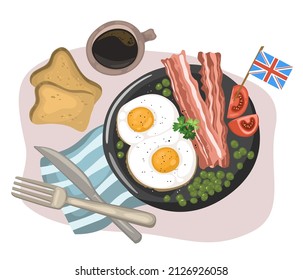 Desayuno nacional inglés de huevos revueltos con tocino, tostadas y café. La ilustración vectorial en el estilo de dibujos animados se puede utilizar para menús, recetas, aplicaciones