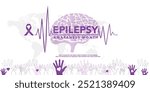 National epilepsy awareness month campaign observed in November banner. Features violet ribbon and brain illustration on plain background.
