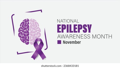 National epilepsy awareness month campaign observed in November banner. Features violet ribbon and brain illustration on plain background.