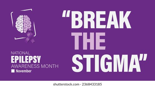 National epilepsy awareness month campaign observed in November banner. Features violet ribbon and brain illustration on plain background.
