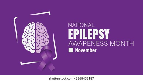 National epilepsy awareness month campaign observed in November banner. Features violet ribbon and brain illustration on plain background.