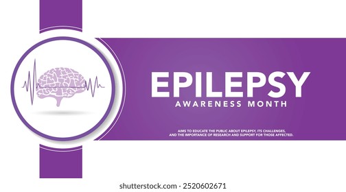National epilepsy awareness month campaign observed in November banner. Features violet ribbon and brain illustration on plain background.
