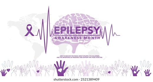 National epilepsy awareness month campaign observed in November banner. Features violet ribbon and brain illustration on plain background.
