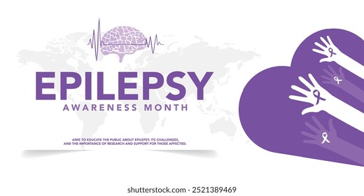 National epilepsy awareness month campaign observed in November banner. Features violet ribbon and brain illustration on plain background.
