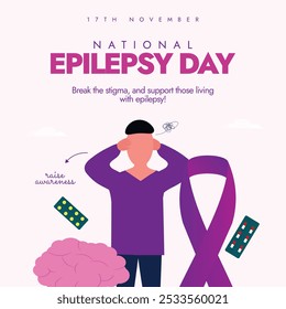 National Epilepsy Day. November Epilepsy awareness month celebration banner, post with purple ribbon, man holding his head with pain, brain. The month focuses on patients of disease to encourage them.