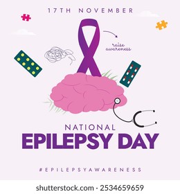 National Epilepsy Day. November Epilepsy awareness month celebration banner, post with purple ribbon, brain, medicine pills, stethoscope. The month focuses on patients of disease to encourage them.