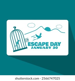 National Escape Day to celebrate on January 30th. Illustration of an open cage until a bird escapes. Motivational vibes.