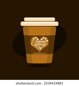 National Espresso Day to celebrate on November 23rd. One cup of coffee on dark brown background. Drink event banner.