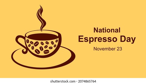Nationaler Espresso-Tag-Vektor. Schwarze Kaffeetasse und Untertasse-Ikone. Kaffeetasse mit Rauch. Espresso Day Poster, 23. November. Tasse frischem Kaffee. Flachstil. Design für Cafeteria, Poster, Banner, Karten