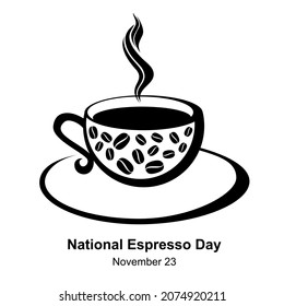 National Espresso Day vector. Black coffee cup and saucer icon. Coffee cup with smoke. Espresso Day Poster, November 23. Cup of Fresh Coffee. Flat Style. Design for Cafeteria, Posters, Banners, Cards