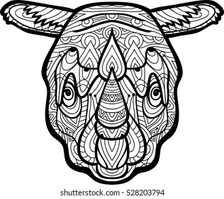 National ethnic pattern with the head of a Rhinoceros. Element for your design, cards, bags, coloring books for adults, t-shirts, tattoo. Line art design. Zendoodle
