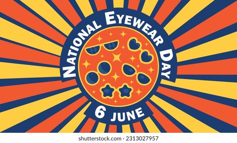 
Diseño de banner web vectorial del Día Nacional de la Ropa de la Eyewear. Feliz 
Ilustración de fondo del Día del Ojo. 
Afiche moderno del Día de la Ochecilla con colores vibrantes.