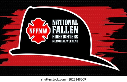 Fin de semana conmemorativo de los bomberos caídos. La fecha del Servicio Conmemorativo Nacional de Bomberos Caídos es tradicionalmente el primer domingo de octubre. Afiche, tarjeta, diseño de pancartas. Vector eps 10.