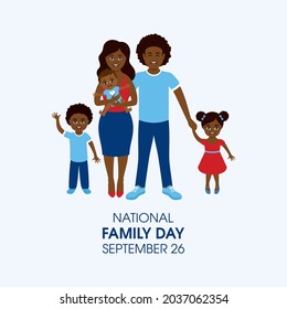 National Family Day Poster with happy mom, dad and three children vector. Beautiful black ethnic family icon. Cheerful african american parents and cute kids vector. Family Day Poster, September 26