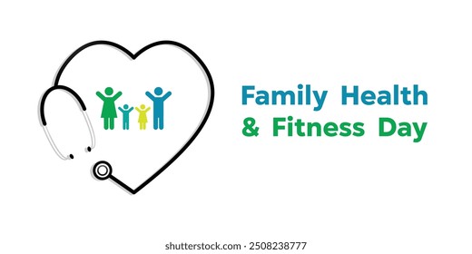 National Family Health and fitness Day. Heart-shaped stethoscope and people icons. Great for cards, banners, posters, social media and more. White background.