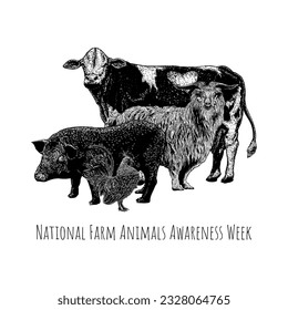 National Farm Animals Awareness Week hand drawing vector isolated on white background.