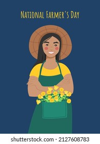 National Farmer's Day. Woman in apron and straw hat. Vector illustration in flat style.