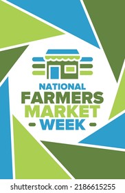 National Farmers Market Week in United States. A healthy community, support for the local economy. The development of agriculture in America. Poster, greeting card, banner, background. Vector